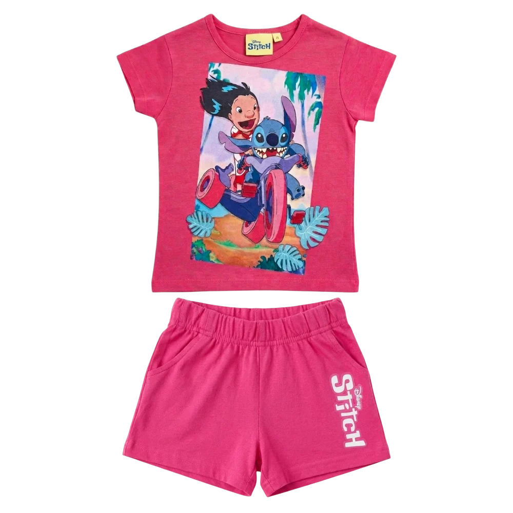 Imbracaminte copii - Compleu copii, 2 piese, mânecă scurtă, 100% bumbac, roz, Stitch, Disney