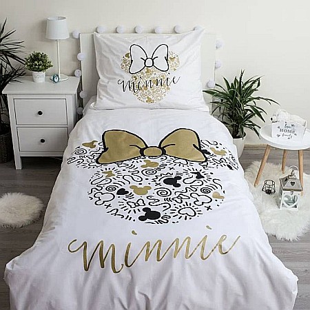 Set lenjerie pat copii, 100% bumbac, alb, 2 piese, 140×200 cm, 70×90, Minnie Mouse, Disney, gold02 [1]