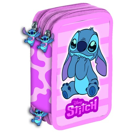 Gradinita si scoala - Penar cu 3 compartimente, echipat, 42 piese, roz, Happy, Stitch