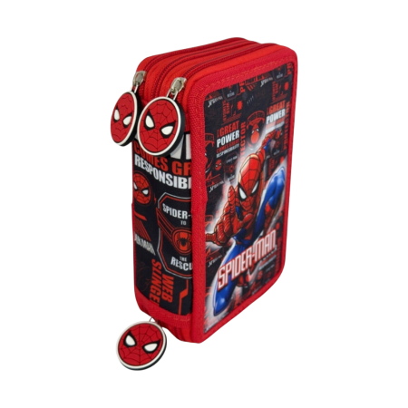 Penare - Penar cu 3 compartimente, echipat, 42 piese, rosu, Happy, Spiderman