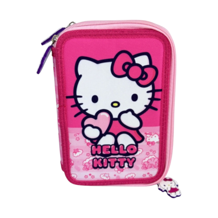 Penare - Penar cu 3 compartimente, echipat, 42 piese, roz, Happy, Hello Kitty