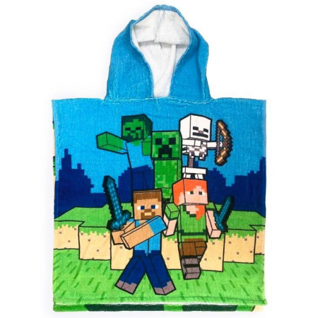 Poncho - Prosop de baie pentru copii, tip poncho, 100% bumbac, multicolor, 55x110 cm, So fun, Minecraft
