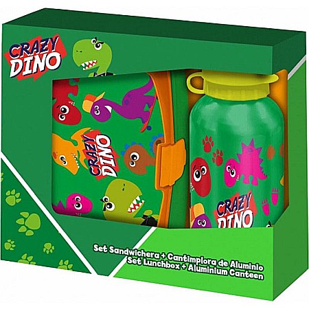 Alimente si bauturi - Set cutie sandwich plastic fără BPA și sticlă apă din aluminiu, 400 ml, multicolor, Crazy Dino