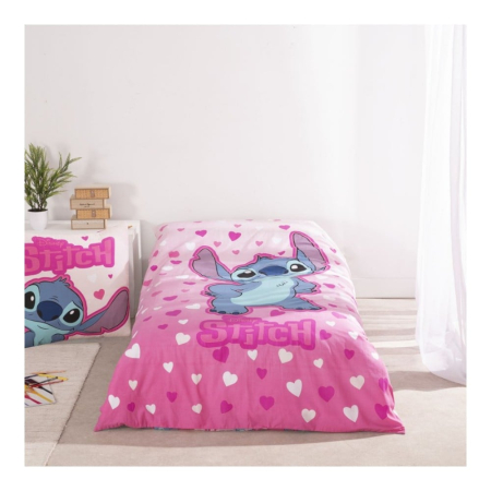 Set lenjerie pat, 100% bumbac, 2 piese, 140x200 cm, 65x65 cm, roz, Happy, Stitch, Disney [1]
