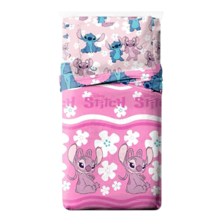 Textile - Set lenjerie pat, 3 piese, husa saltea 105x200 cm, cearceaf pat 180x280 cm, fata perna 50x70 cm, roz, Stitch