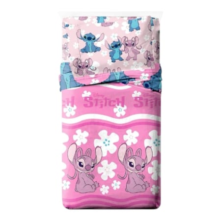 Textile - Set lenjerie pat, 4 piese, husa saltea 160x200 cm, cearceaf pat 240x280 cm, 2 fete perna 50x70 cm, roz, Stitch