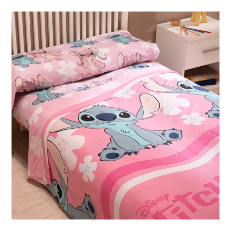 Set lenjerie pat, 4 piese, husa saltea 160x200 cm, cearceaf pat 240x280 cm, 2 fete perna 50x70 cm, roz, Stitch [1]
