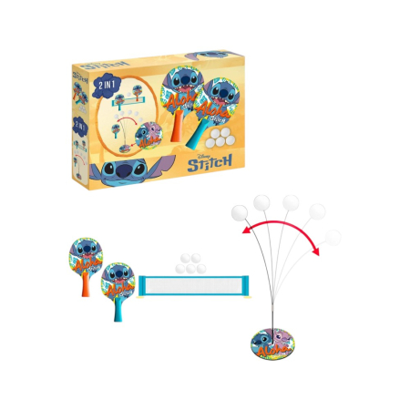 Jocuri sportive pentru copii - Set Ping-Pong pentru copii, 2 palete de tenis, 5 mingi, fileu cu ventuze, bază cu tijă flexibilă, multicolor, Stitch