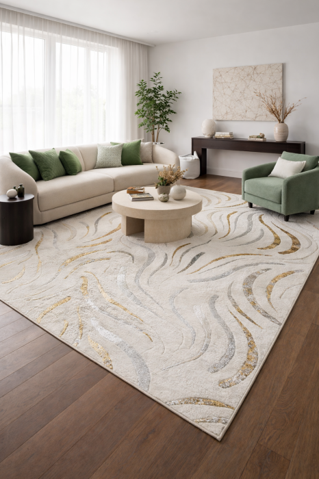 Covor modern Kingston Golden Wave crem cu model abstract auriu în living modern [2]