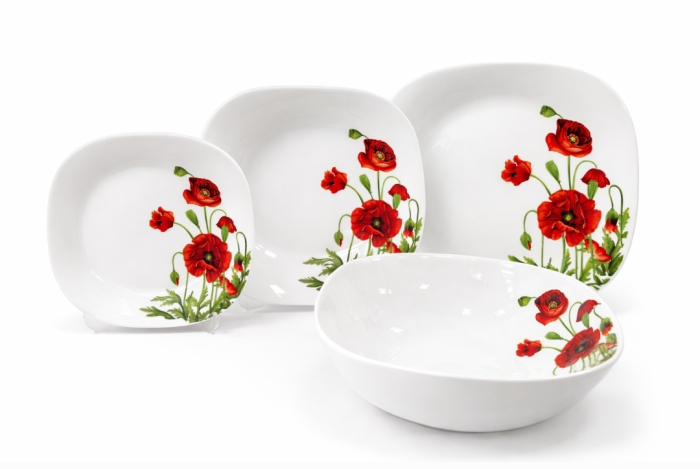 Set farfurii Atlas Maci 19 piese sticla opal model floral rosu [2]