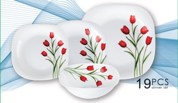 Set farfurii Lalele 19 piese sticla opal model floral rosu [2]