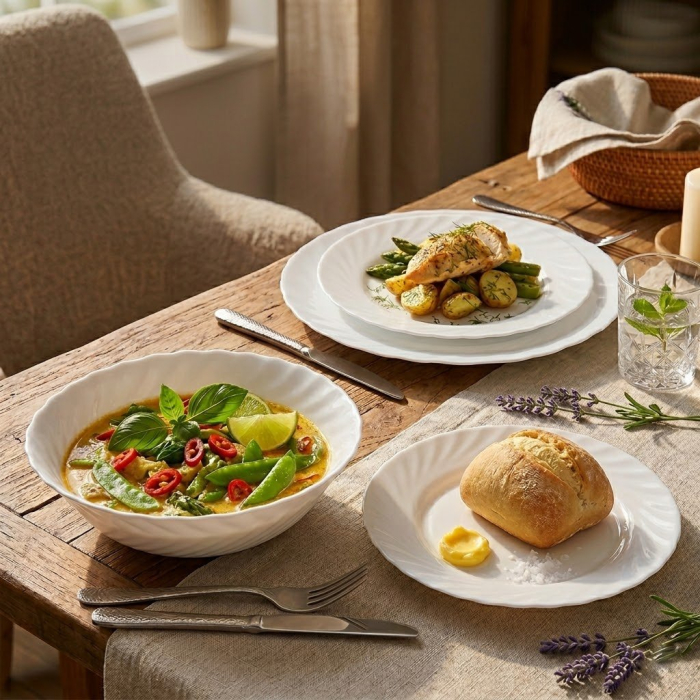 Set farfurii Nara 19 piese sticlă opal alb rezistente mașină vase [2]