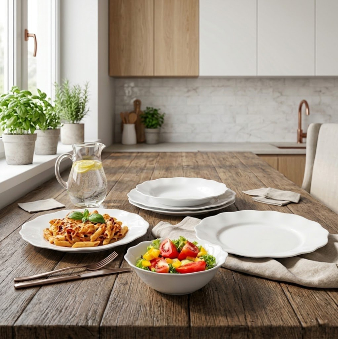 Set farfurii Sophie Flower 19 piese sticla opal alb margini ondulate [2]