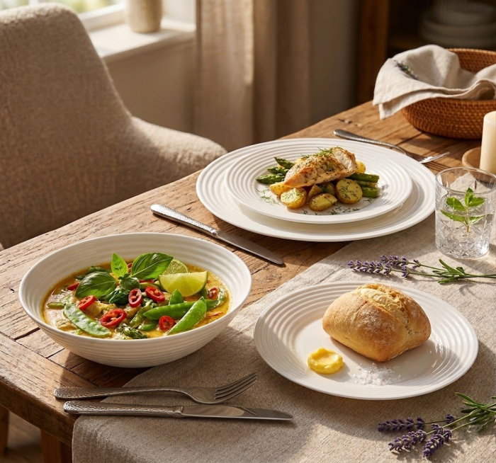 Set farfurii Vela 19 piese sticlă opal alb design striat [2]