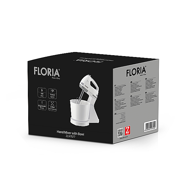 Mixer cu bol Floria ZLN-7577 ALB, 7 viteze, Bol plastic 2 Litri, Putere 150W, ALB [2]