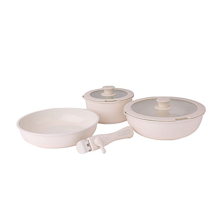 Set 5 piese din ceramica, compus din 2 oale, 1 tigaie si 2 capace de sticla, crem, ZILAN / ZLN 0965 [2]