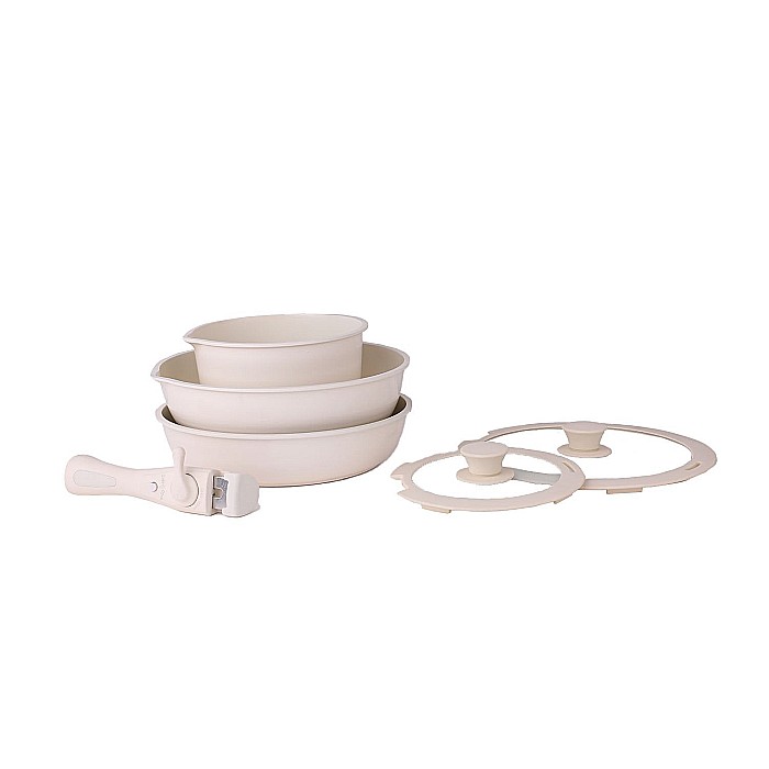 Set 5 piese din ceramica, compus din 2 oale, 1 tigaie si 2 capace de sticla, crem, ZILAN / ZLN 0965 [3]