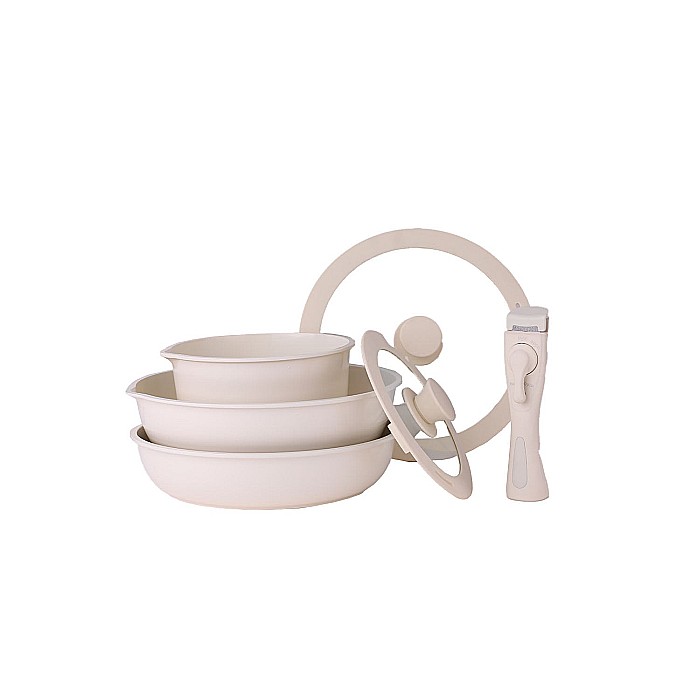 Set 5 piese din ceramica, compus din 2 oale, 1 tigaie si 2 capace de sticla, crem, ZILAN / ZLN 0965 [4]