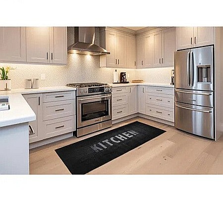 Covor - Covor de bucătărie antiderapant, lavabil, 60x180 cm – Negru cu text „KITCHEN”