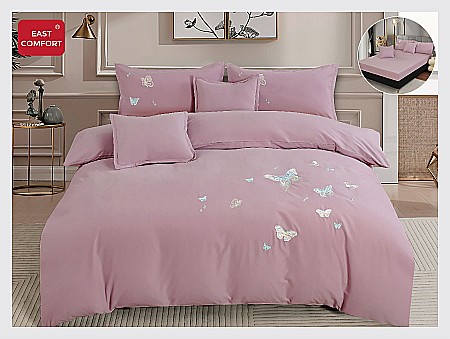 Lenjerii De Pat - Lenjerie de pat cu broderie, cearșaf cu elastic, roz prăfuit