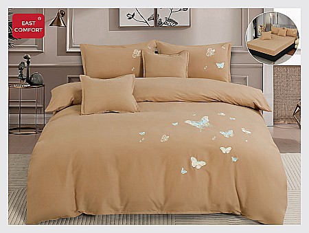 Lenjerii De Pat - Lenjerie de pat cu broderie, cearșaf cu elastic, bej