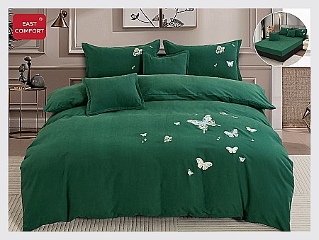 Lenjerii De Pat - Lenjerie de pat cu broderie, cearșaf cu elastic, verde smarald