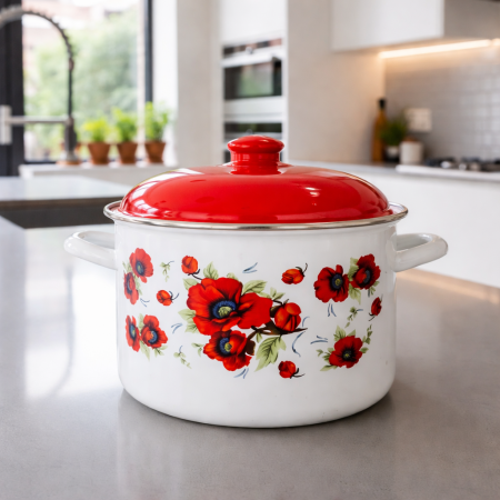 Noutati - Oală emailată flori roșii compatibilă inducție 6.3L