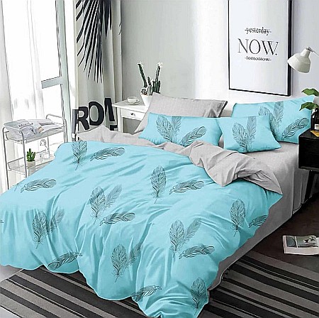 Lenjerii De Pat - Lenjerie de pat din finet, 6piese, model pene, bleu