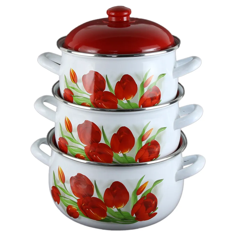 Vase din bucatarie - set 3 oale emailate cu capac ,model lalele,compatibil inductie