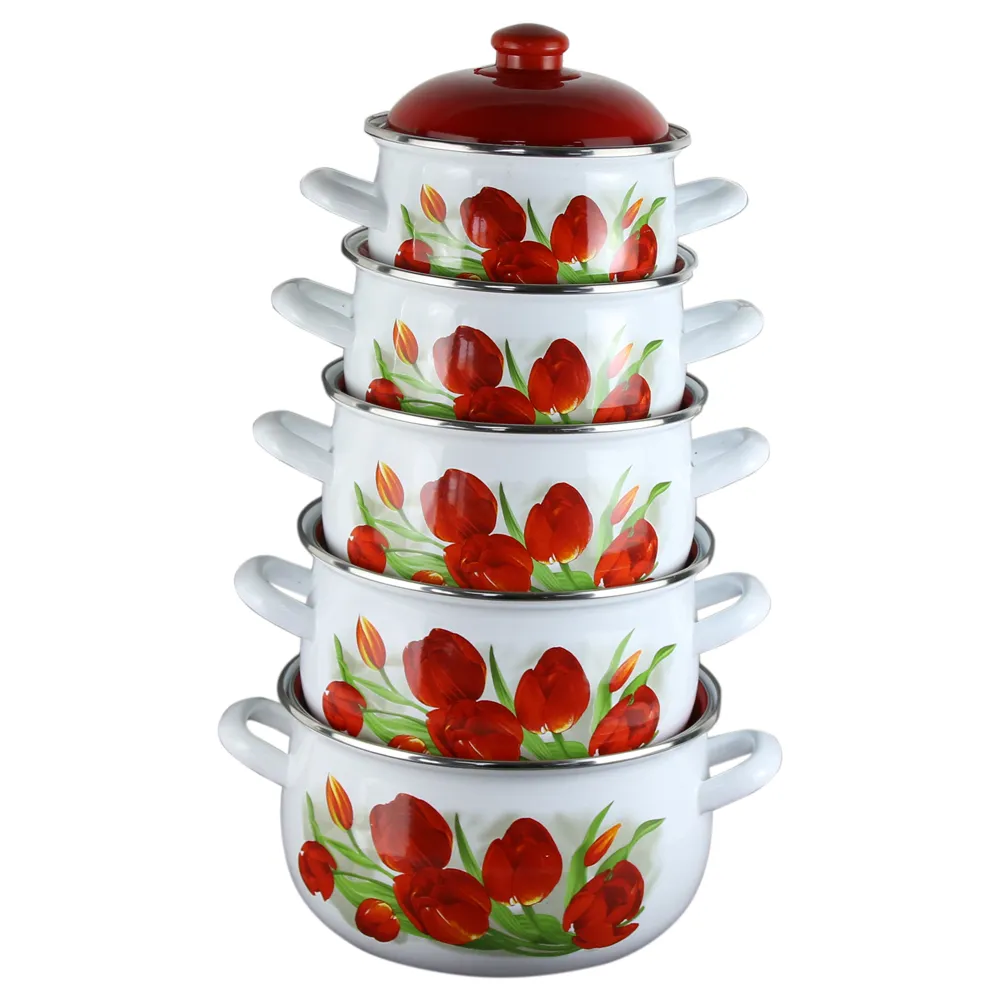 Vase din bucatarie - Set 5 oale emailate cu capac ,model lalele ,compatibil inductie