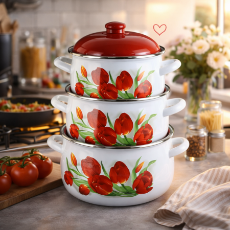 Seturi de oale - Set 3 oale emailate Lalele compatibile cu inducție