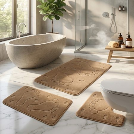 Noutati - Set covorase baie 3 piese bej model amprente picioare antiderapant
