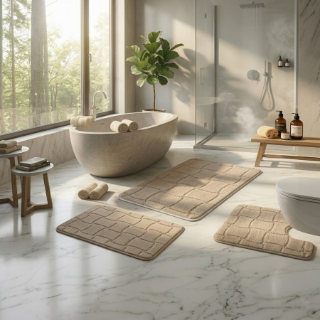 Covoare - Set covorase baie 3 piese bej model geometric antiderapant