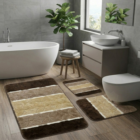 Covoare - set covorașe baie maro bej 3 piese antiderapante
