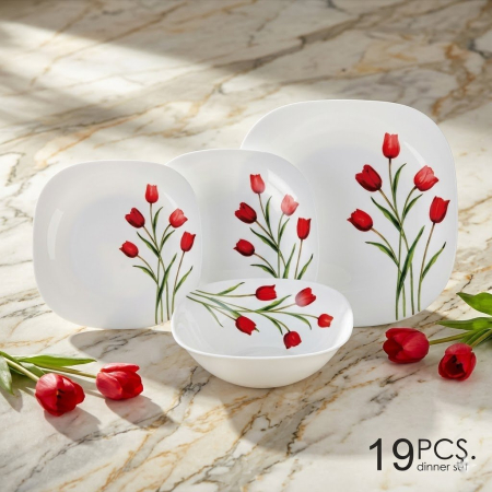 Noutati - Set farfurii Lalele 19 piese sticla opal model floral rosu