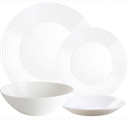 Noutati - Set farfurii Vela 19 piese sticlă opal alb design striat