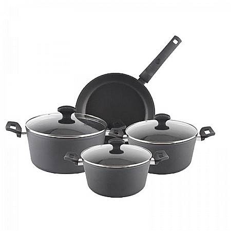 Aparate Electrocasnice - Set oale, 7 piese din aluminiu,compus din 3 oale cu manere ,1 tigaie, 3 capace sticla termorezistent / ZLN 0959