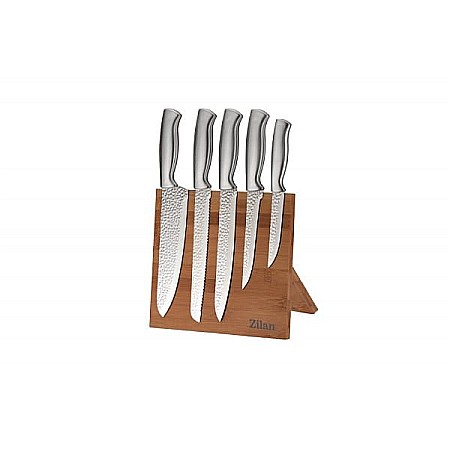 Ustensile din bucatarie - Set 5 cutite din otel inoxidabil, plus suport din bambus ZILAN / ZLN 1641