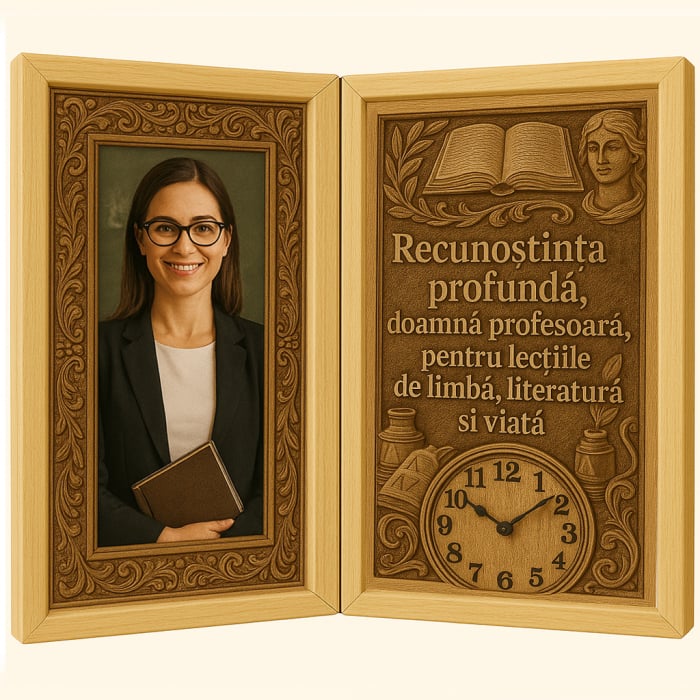 Tablou Personalizat Cadou Profesori Romana-Carte din Lemn cu Ceas [1]