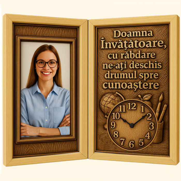 Tablou Personalizat Cadou Invatatoare-Carte din Lemn cu Ceas [1]