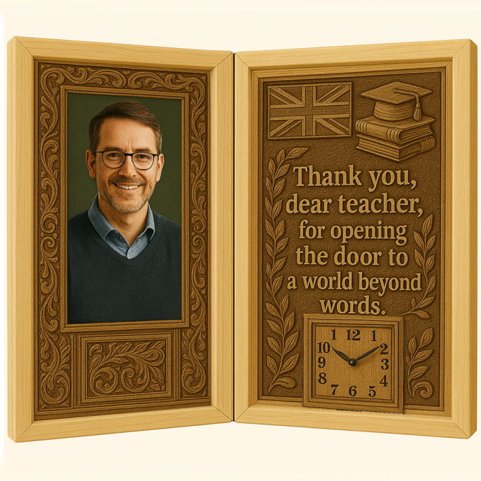 Tablou Personalizat Cadou Profesori Engleza-Carte din Lemn cu Ceas [1]