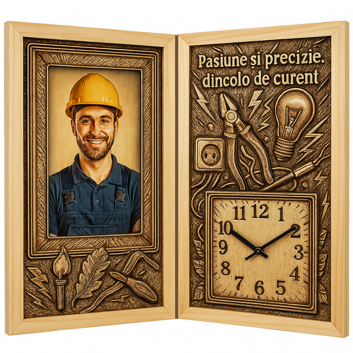 Tablou Personalizat Cadou Electrician-Carte din Lemn cu Ceas [1]