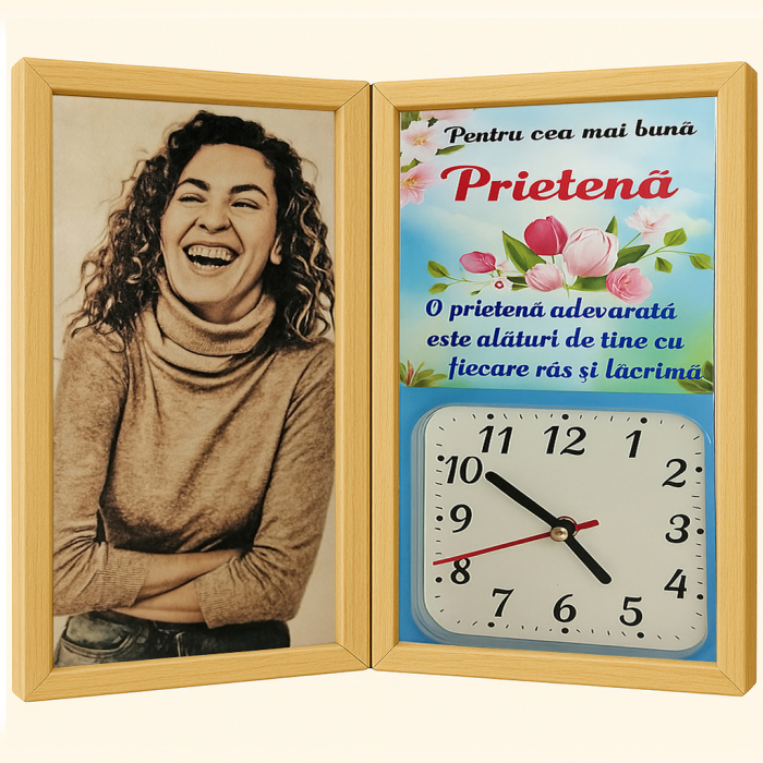 Tablou Personalizat Cadou Prietena-Pe Lemn +Ceas Tip Carte [1]