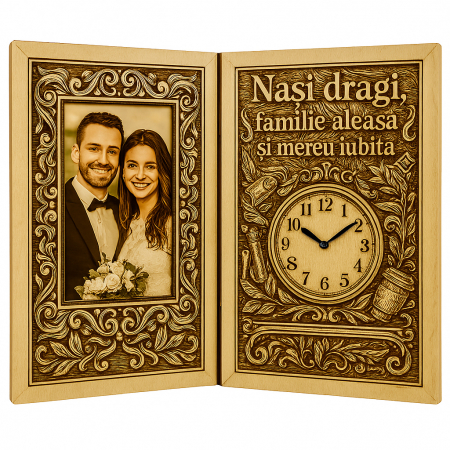 Carti Pe Lemn cu Ceas - Cadou Personalizat pentru Nași