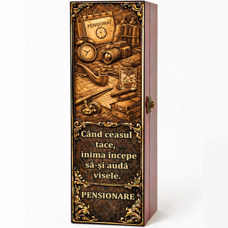 Cutii Vin Mahon - Cutie cadou cu vin personalizat pentru pensionare