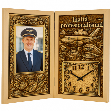 Carti Pe Lemn cu Ceas - Cadou Personalizat pentru Pilot