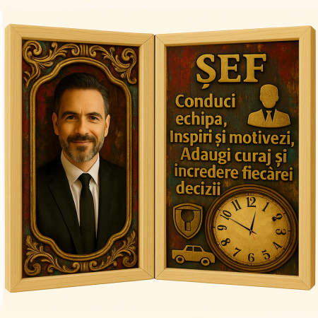 Carti Pe Lemn Vintage Cu Ceas - Tablou Personalizat Cadou Sef-Ceas Functional