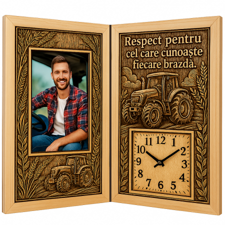 Carti Pe Lemn cu Ceas - Cadou Personalizat pentru Tractorist