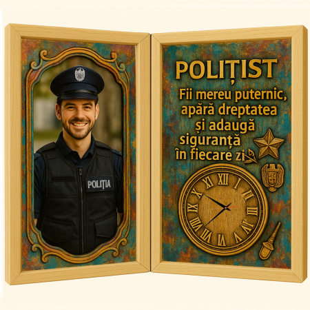 Carti Pe Lemn Vintage Cu Ceas - Tablou Personalizat Cadou Politist-Ceas Functional