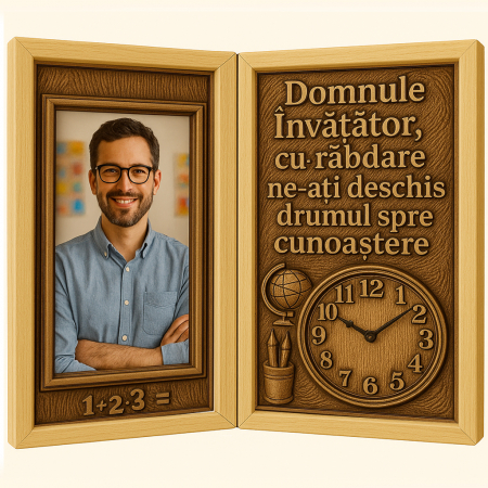 Cadre Didactice - Tablou Personalizat Cadou Invatator-Carte din Lemn cu Ceas